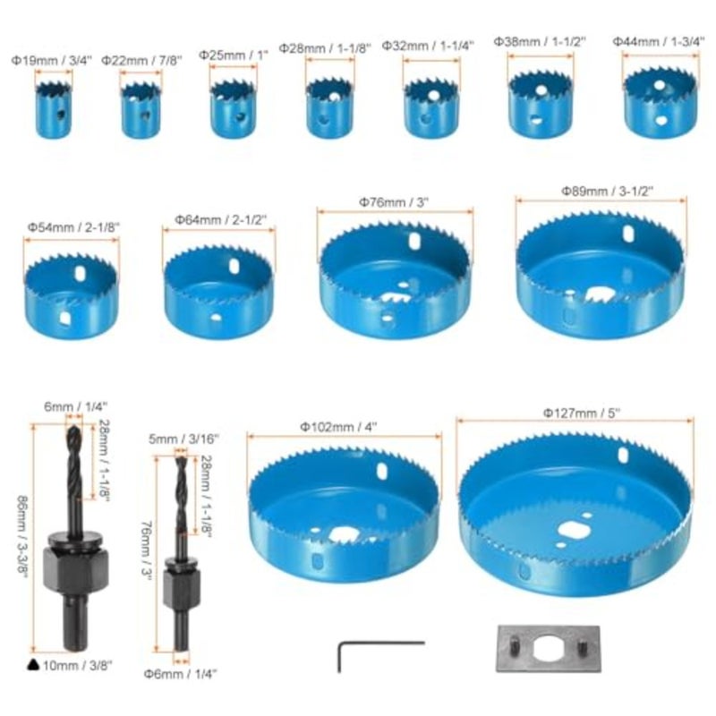 13 Piece Hole Saw Cutter Kit with Core Drill Bit Mandrels, Hex Key and Install Plate, Blue, for Plasterboard, Plastic and PVC - Image 3