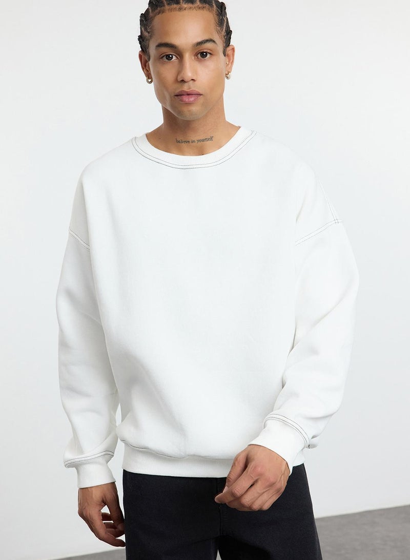 trendyol Ecru Fleece Oversize Sweatshirt - Crew Neck, Stitching Detail - Image 1
