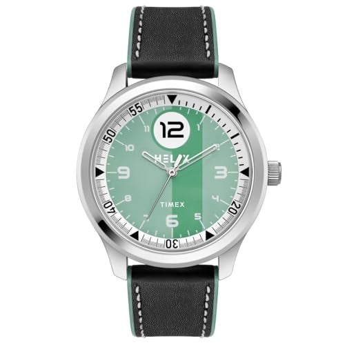 Helix by Timex Analog Watch for Man with Green Round Dial & Black Leather Strap Band Water Resistant Men's Wrist Watches - TW043HG25 - Image 1
