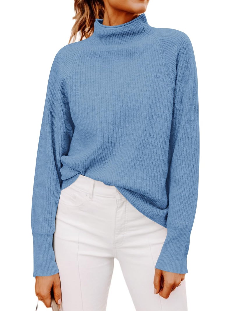 Yousify Womens Ribbed Mock Neck Batwing Sleeve Sweater Loose Knitted Pullover Sweaters Jumper Tops - Image 1