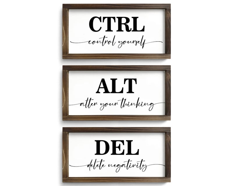 Pinetree Art Rustic Wooden Office Decor - CTRL ALT DEL Framed Motivational Wall Art - Inspirational Positive Quotes Wall Hanging, Set of 3 (6"x12"x3) - Image 1
