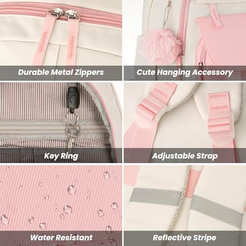 WINDARS School Backpack for Teen Girls, Cute College Backpacks for Women Students Aesthetic Bookbag Large 15.6 Inch Laptop Bag Middle School Travel Back Pack (Pink Beige) - Image 4