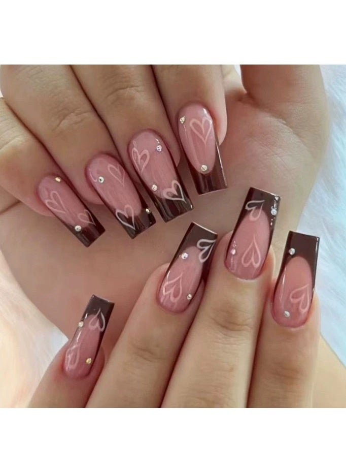 Goolsky Sweet & Edgy Pink Heart Rhinestone Long Square Press-on Nails