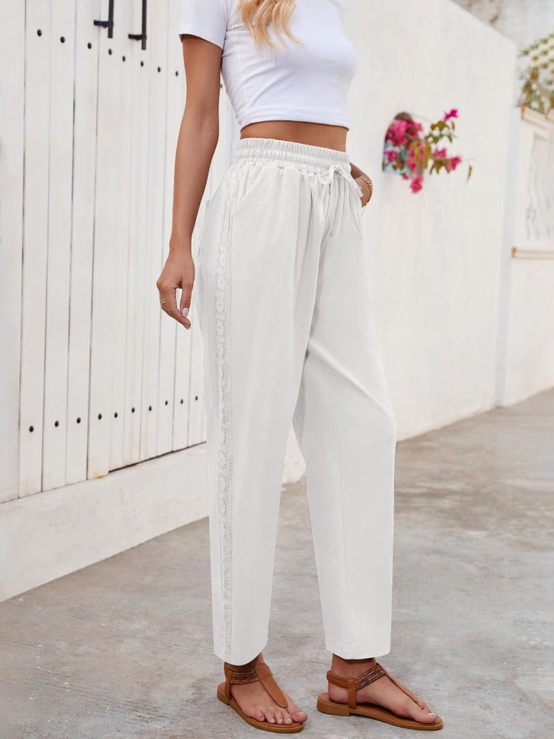 Puimentiua Women Linen Pants Lightweight Pants with Lace Side Summer Casual Beach Drawstring Elastic Waist Trousers White - Image 4