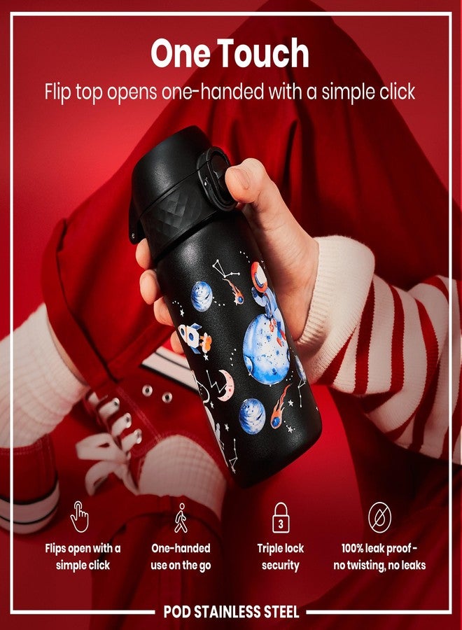 Ion8 Kids Water Bottle, Steel 400 ml/13 oz, Leak Proof, Easy to Open, Secure Lock, Dishwasher Safe, Flip Cover, Carry Handle, Easy Clean, Durable, Scratch Resistant, Raised Print, Space Travel Design - Image 3