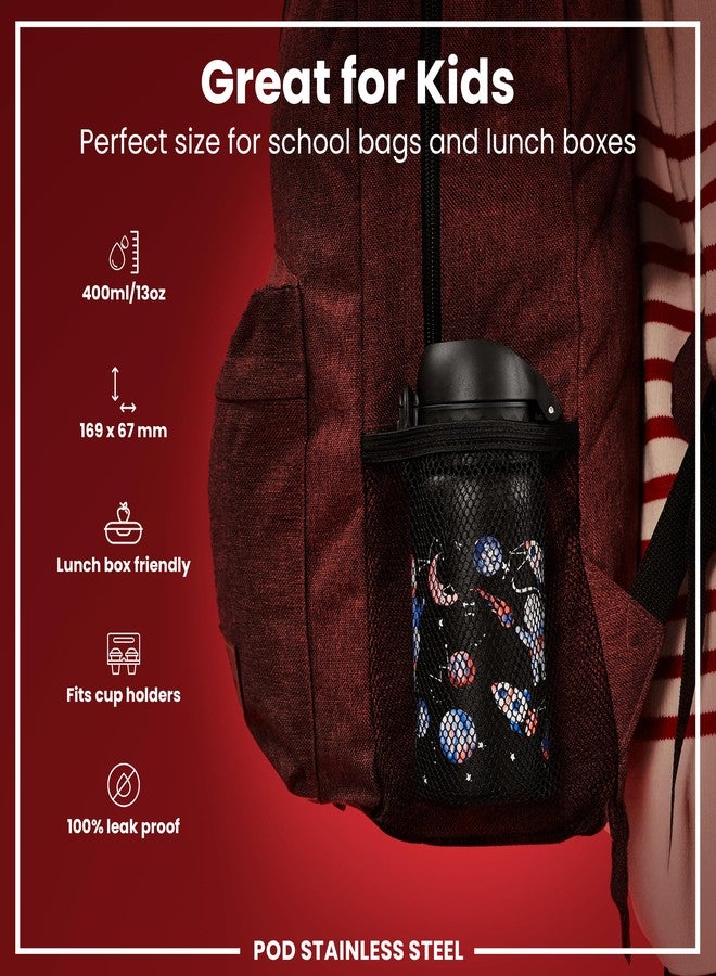 Ion8 Kids Water Bottle, Steel 400 ml/13 oz, Leak Proof, Easy to Open, Secure Lock, Dishwasher Safe, Flip Cover, Carry Handle, Easy Clean, Durable, Scratch Resistant, Raised Print, Space Travel Design - Image 2