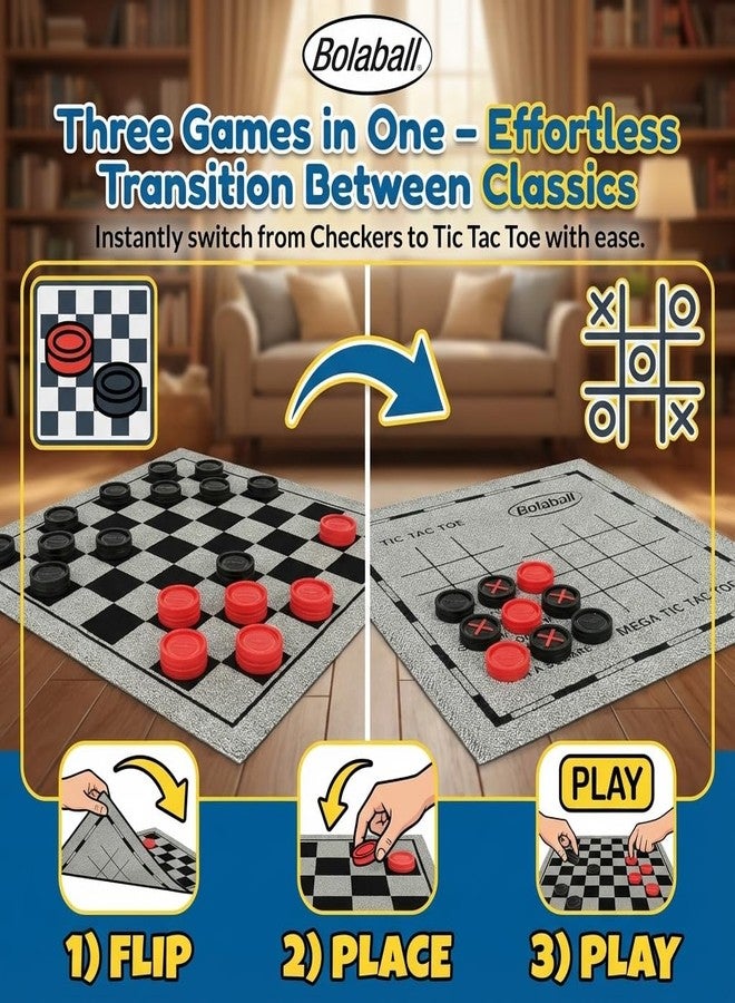 Bolaball 3-in-1 Jumbo Checkers & Tic Tac Toe Game Set with Carry Bag - Giant Outdoor Board Games, Family Games, Reversible 13" x 13" Board, 24 Easy-Grip Chips - Image 3