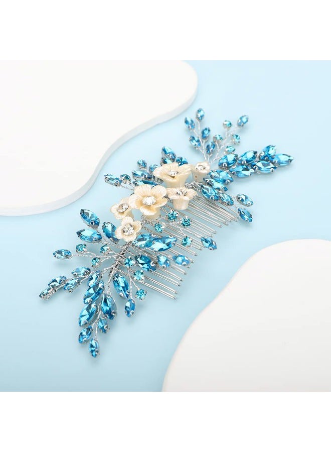 BERYUAN Bridal White Flower Light Blue Crystal Rhinestone Hair Comb for Bride Bridesmaid Sliding side Headpieces Wedding Hair Accessories for Women and Girls (Blue 1) - Image 2