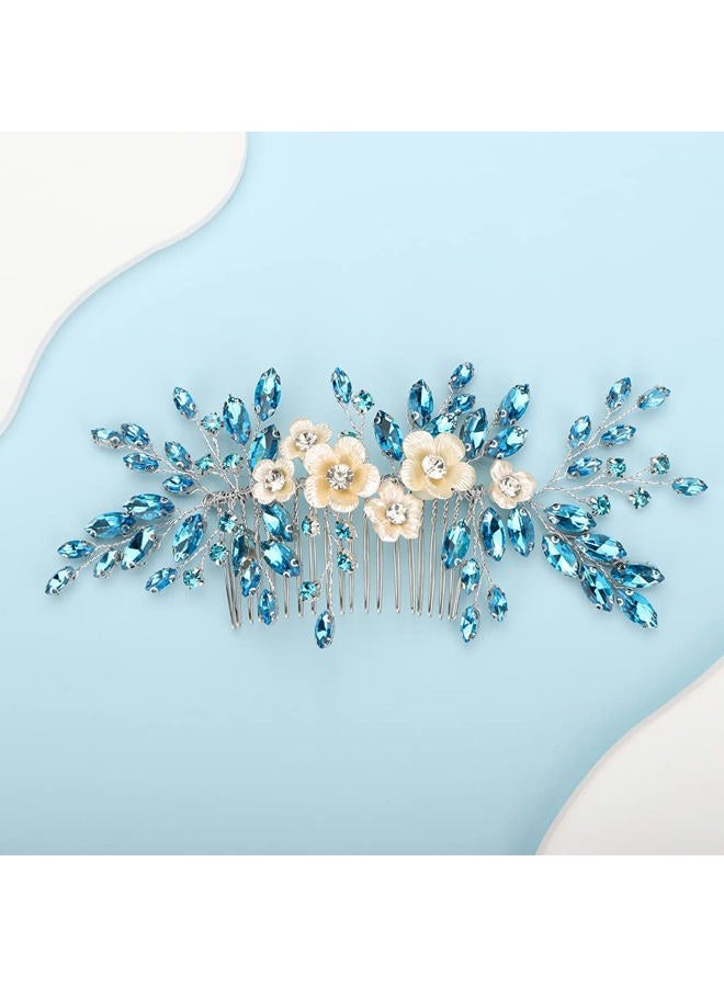 BERYUAN Bridal White Flower Light Blue Crystal Rhinestone Hair Comb for Bride Bridesmaid Sliding side Headpieces Wedding Hair Accessories for Women and Girls (Blue 1) - Image 1