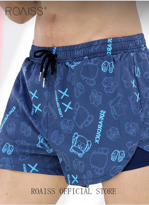 Men Swimming Trunks Beachwear Quick Dry Double Layer Beach Pants Gym Wear Fitness Workout Short Sports Running Boxer Swim Shorts Swimsuit Summer