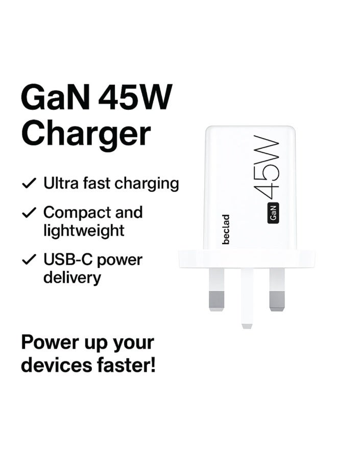 مكسو رأس شاحن beclad GaN سريع بقدرة 45 واط بمنفذ USB-C – أبيض صغير الحجم - Image 3