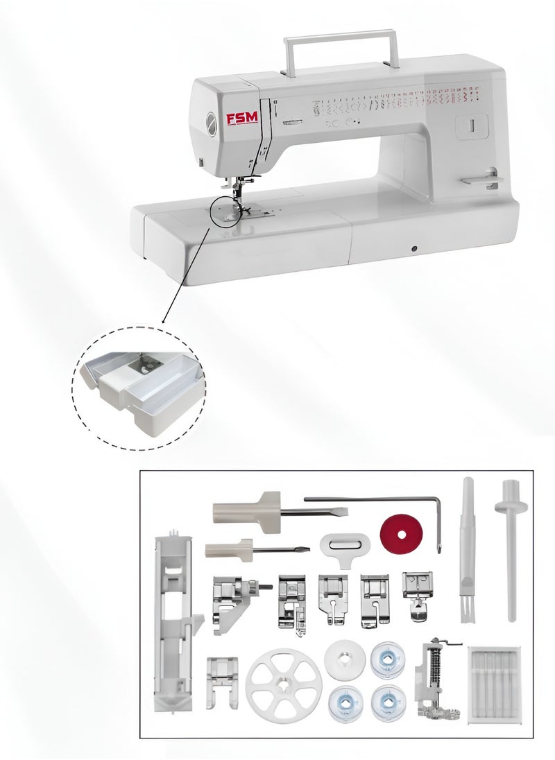 fakhro_sewing_machines - FSM Long Arm Mechanical Sewing & Quilting Machine with Quilting Guide | Large 12” (30 C.M.) Workspace and 28 Built in Stitches | Built-in Needle Threader |Hands Free Presser Foot|Programmable Needle Up & Down Control 90W AC Motor|Made in Taiwan 64cm X 24cm X 31cm white color - Image 1