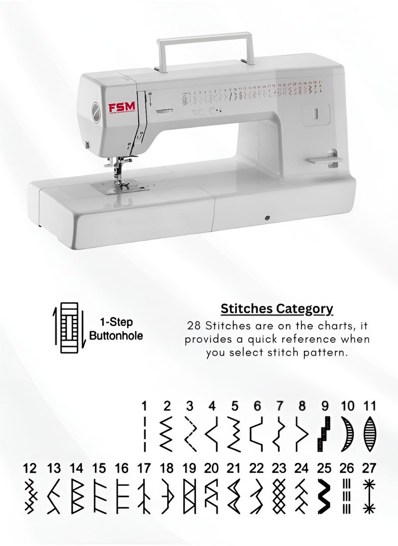 fakhro_sewing_machines - FSM Long Arm Mechanical Sewing & Quilting Machine with Quilting Guide | Large 12” (30 C.M.) Workspace and 28 Built in Stitches | Built-in Needle Threader |Hands Free Presser Foot|Programmable Needle Up & Down Control 90W AC Motor|Made in Taiwan 64cm X 24cm X 31cm white color - Image 1