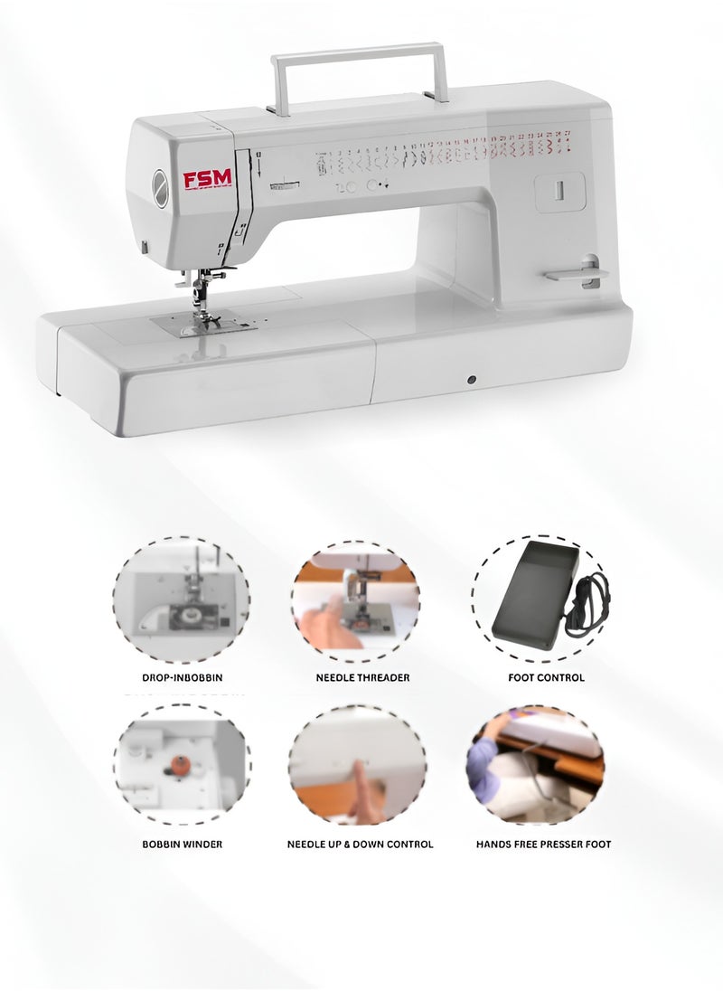 fakhro_sewing_machines - FSM Long Arm Mechanical Sewing & Quilting Machine with Quilting Guide | Large 12” (30 C.M.) Workspace and 28 Built in Stitches | Built-in Needle Threader |Hands Free Presser Foot|Programmable Needle Up & Down Control 90W AC Motor|Made in Taiwan 64cm X 24cm X 31cm white color - Image 1