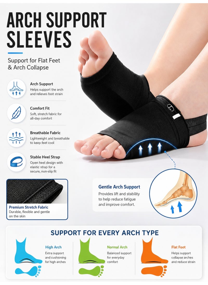 1 Pair Black Arch Support Sleeves with Gel Pads, Metatarsal Compression Foot Brace for Flat Feet, Breathable Plantar Fascia Support for Men and Women - Image 1