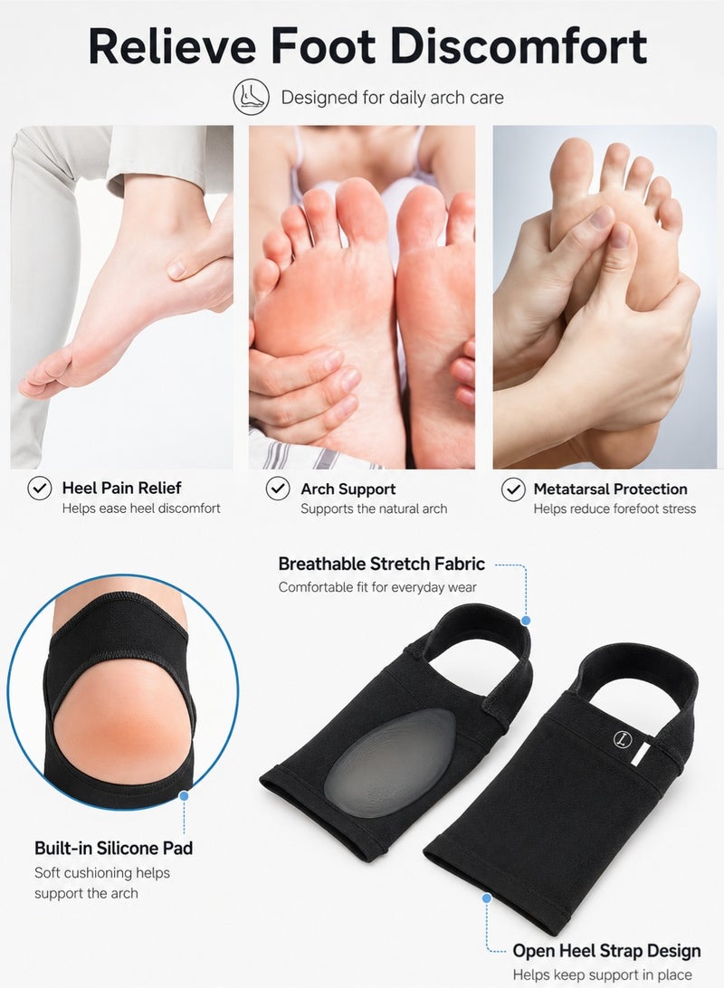 1 Pair Black Arch Support Sleeves with Gel Pads, Metatarsal Compression Foot Brace for Flat Feet, Breathable Plantar Fascia Support for Men and Women - Image 4