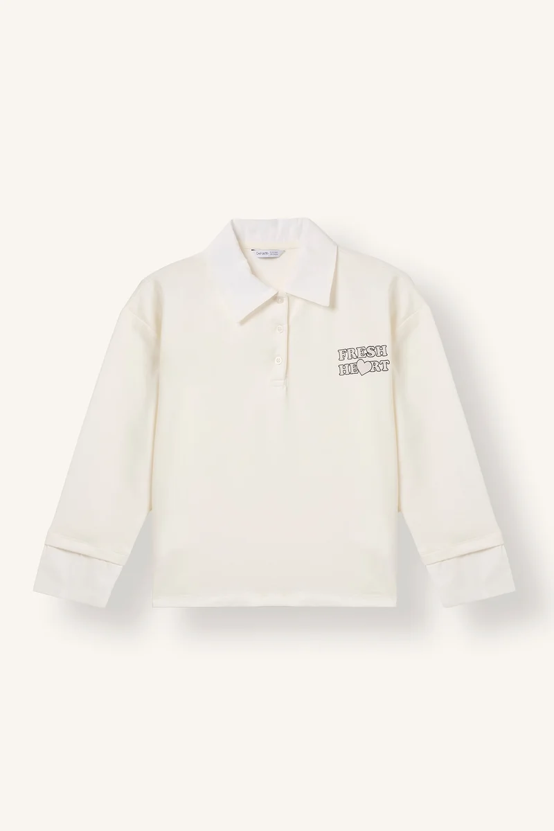 Regular Fit Slogan Long Sleeve Polo T-Shirt