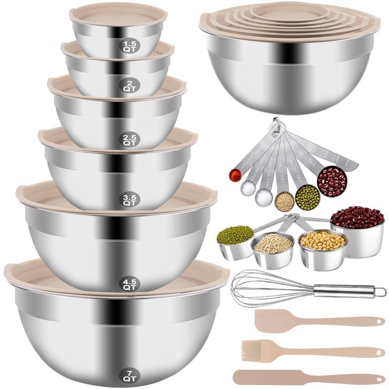 WEPSEN Mixing Bowls Set 27PCS Khaki Mixing Bowls With Lids Set Stainless Steel Kitchen Large Nesting Metal Bowl 7QT to 15QT Measuring Cups and Spoons for Prepping Cooking Serving