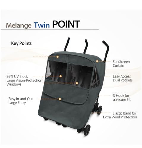 Manito Melange TwinDouble Stroller Weather ShieldStroller Cover WaterRepellent Weather Protection for Rain Snow Wind Cold All Season Black Grey - Image 3