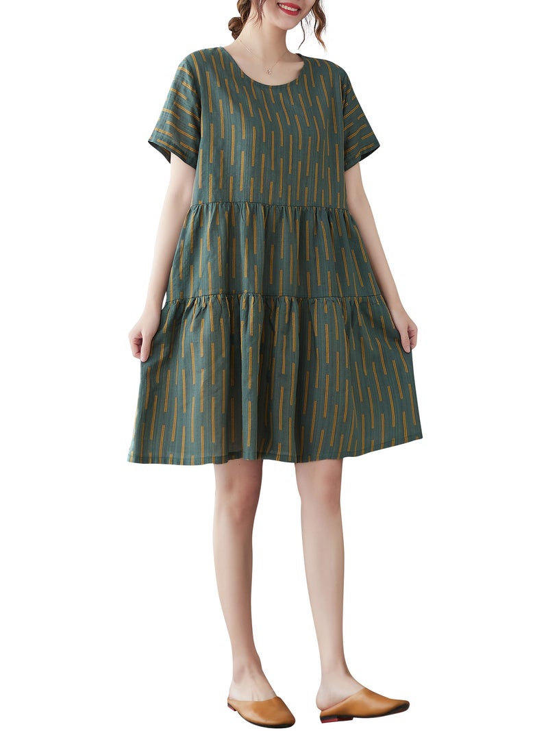 Summer Dress One Size Breathable Cotton Blend Vintage Print - Flared Silhouette Loose Dress for Casual Daily Wear - Image 1
