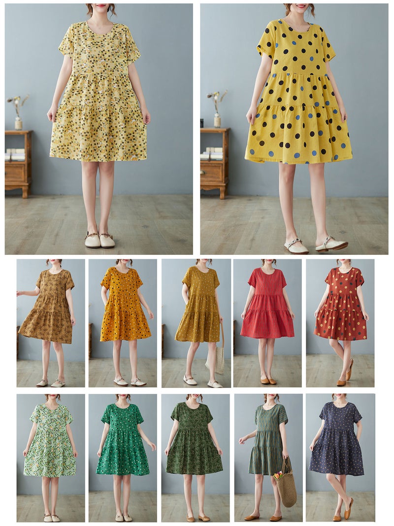 Summer Dress One Size Breathable Cotton Blend Vintage Print - Flared Silhouette Loose Dress for Casual Daily Wear - Image 2