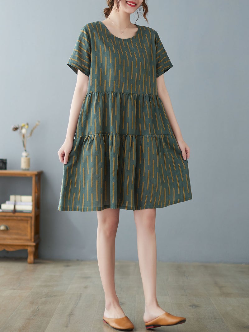 Summer Dress One Size Breathable Cotton Blend Vintage Print - Flared Silhouette Loose Dress for Casual Daily Wear - Image 5
