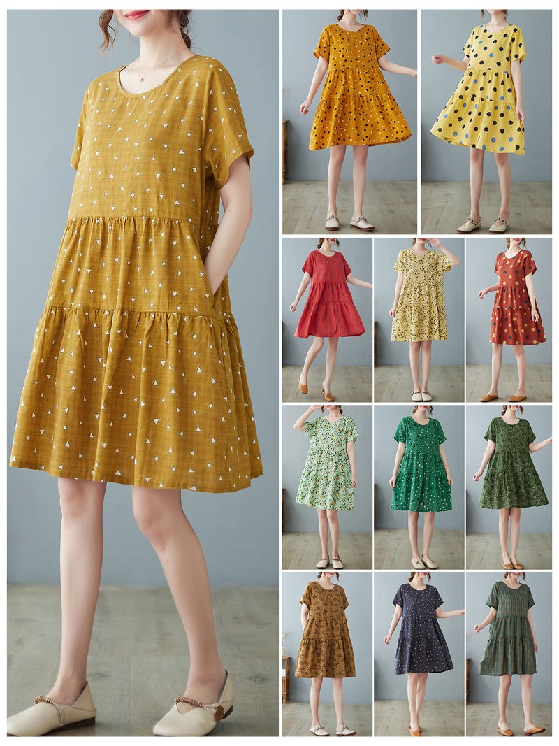 Summer Dress One Size Breathable Cotton Blend Vintage Print - Flared Silhouette Loose Dress for Casual Daily Wear - Image 3