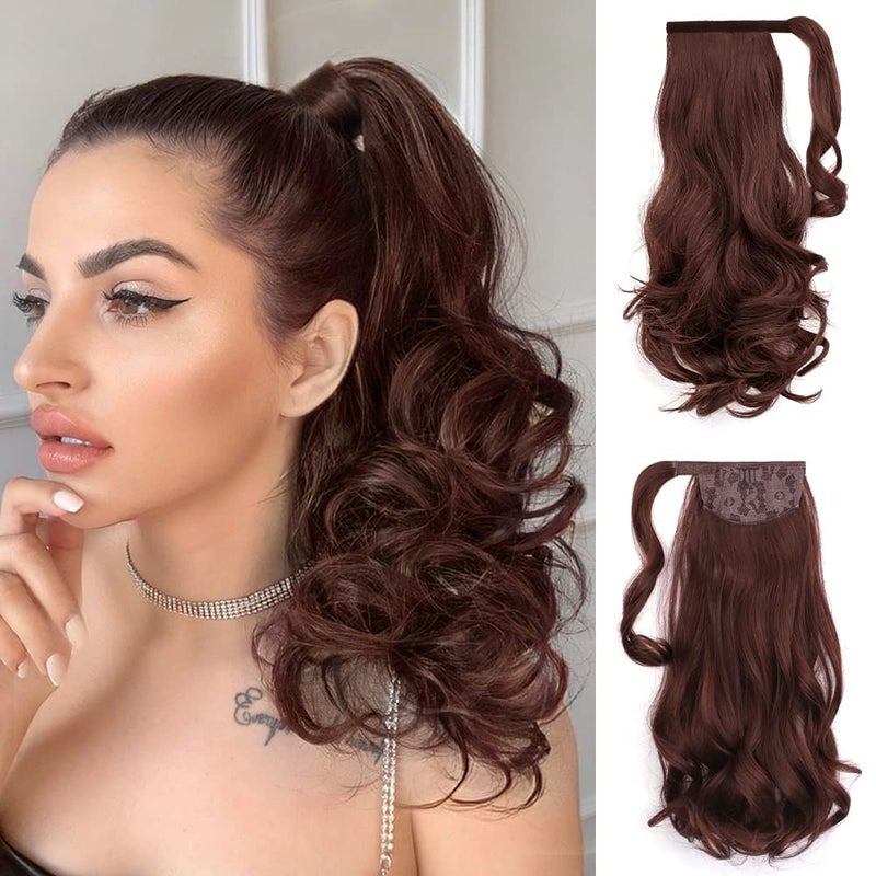 Auburn Pony Tail Hair Extensions Clip Wrap Around Ponytail Extension 16 Curly Wavy Synthetic Fake Wig Heat Resistant Fluffy Hairpieces Faux Ponytails for Women Party Daily Use 5 Oz