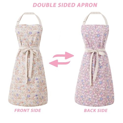 Aoomzoon Kitchen Aprons for Women with 2 Pockets,Double Sided Vintage Adjustable Apron for Gardening Cooking Arting Painting (Brown/Pink Flowers) - Image 4