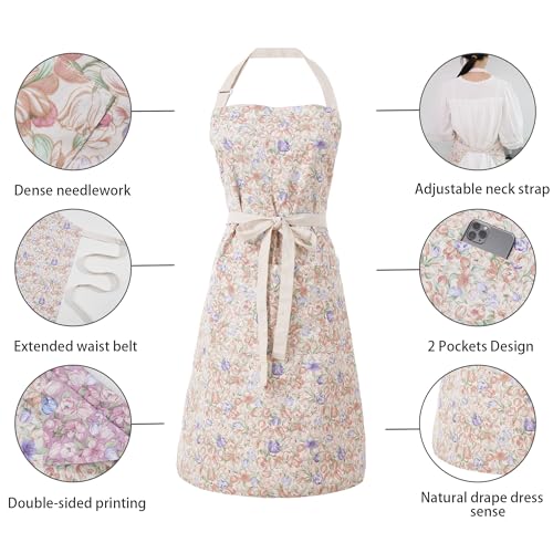 Aoomzoon Kitchen Aprons for Women with 2 Pockets,Double Sided Vintage Adjustable Apron for Gardening Cooking Arting Painting (Brown/Pink Flowers) - Image 5