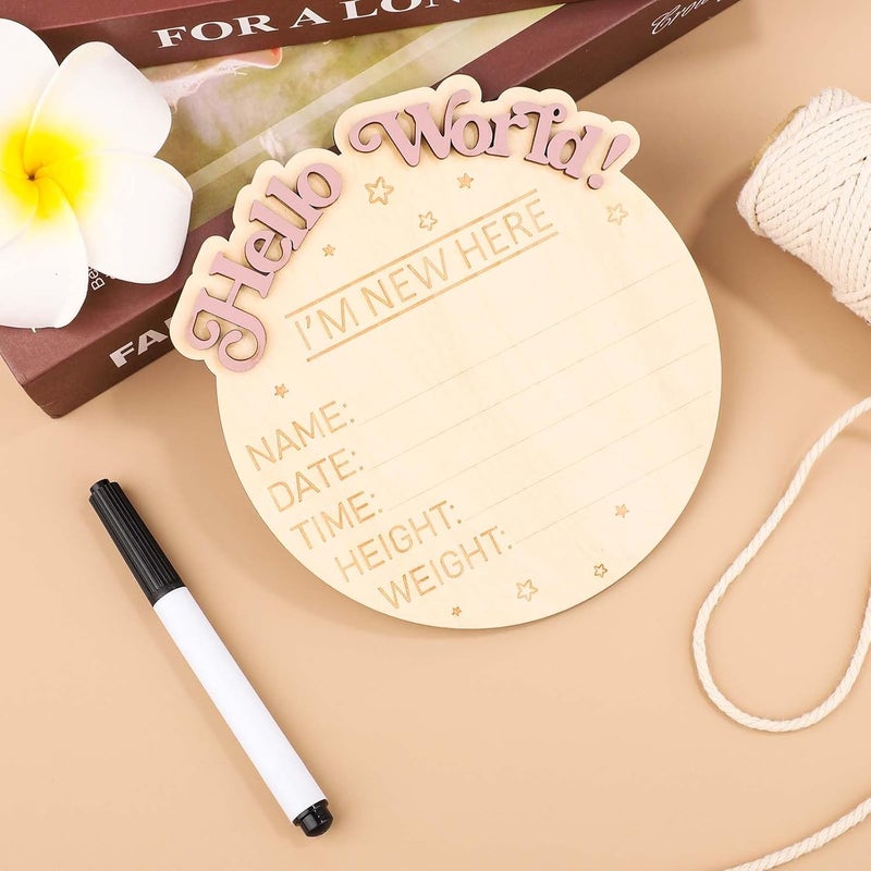 NQEUEPN Baby Announcement Sign Im New Here Wooden Baby Announcement Sign Hello World Newborn Sign Photography Props Welcome Baby Birth Record DecorationWord - Image 2