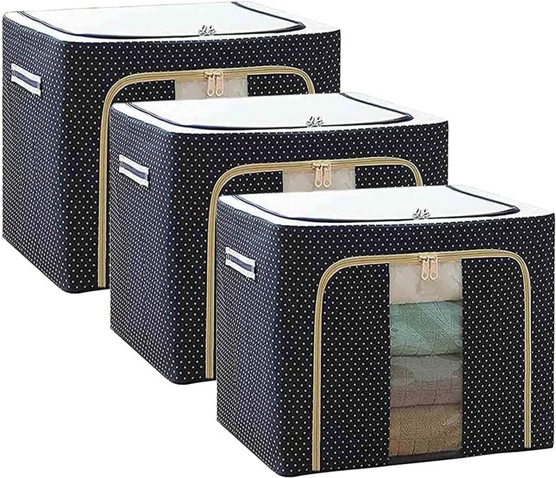 Raggle 3PCS polycotton Clothes Storage Organizer Bins, Foldable Storage Bins-Cloth Steel Frame Storage Box with Foldable Clear Window & Reinforced Handles (Blue, 100L-3) - Image 1