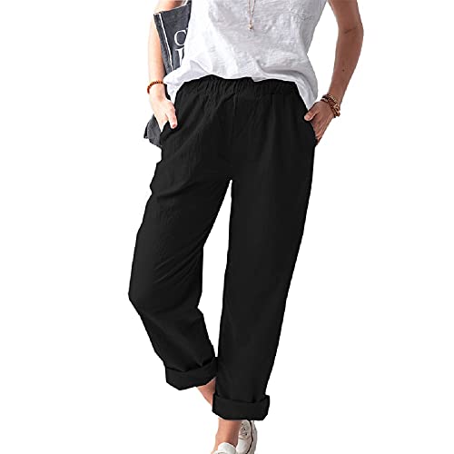 WROLEM Women's Straight Pants Elastic Waist Casual Trousers Pants with Pockets Black - Image 1