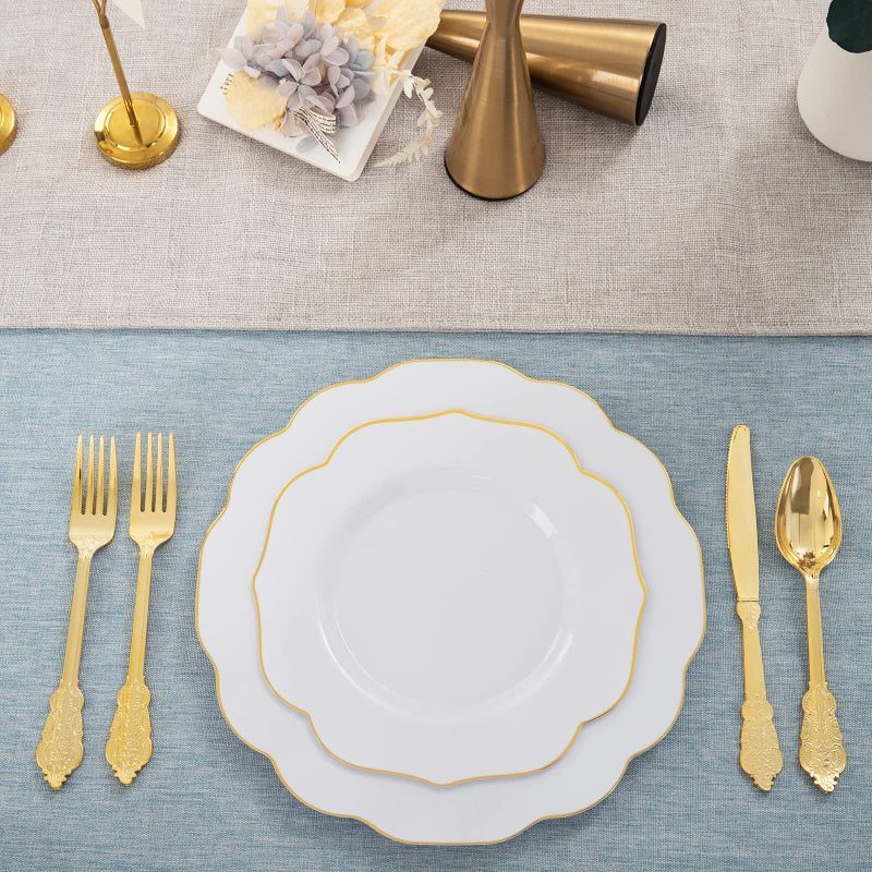 NOCCUR 120PCS Gold Plastic Plates Disposable for 60 Guests - Include 60 Dinner / 60 Dessert Plates Heavy Duty for Wedding&Party - Image 4