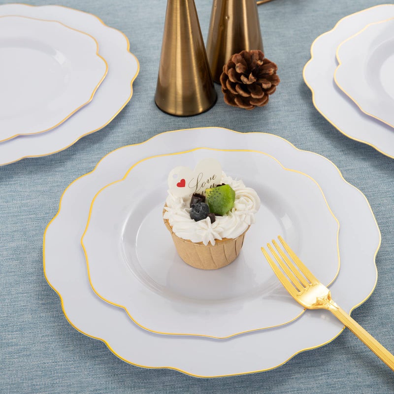 NOCCUR 120PCS Gold Plastic Plates Disposable for 60 Guests - Include 60 Dinner / 60 Dessert Plates Heavy Duty for Wedding&Party - Image 5