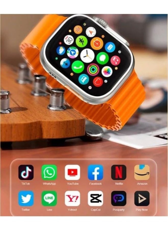 Smart Watch - 7-in-1 smart watch from Ultra equipped with a built-in camera, a slot for a SIM card, and multiple applications for both genders, 49 mm size, gold/orange. - Image 1