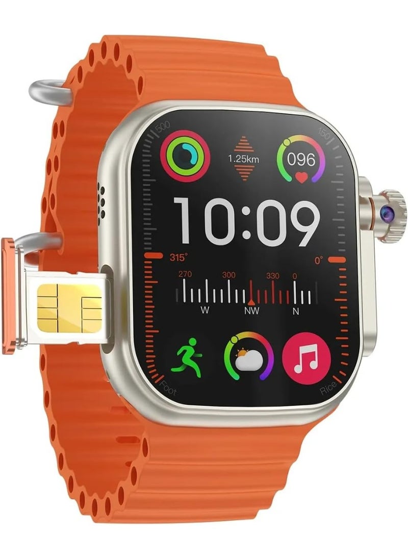 Smart Watch - 7-in-1 smart watch from Ultra equipped with a built-in camera, a slot for a SIM card, and multiple applications for both genders, 49 mm size, gold/orange. - Image 1