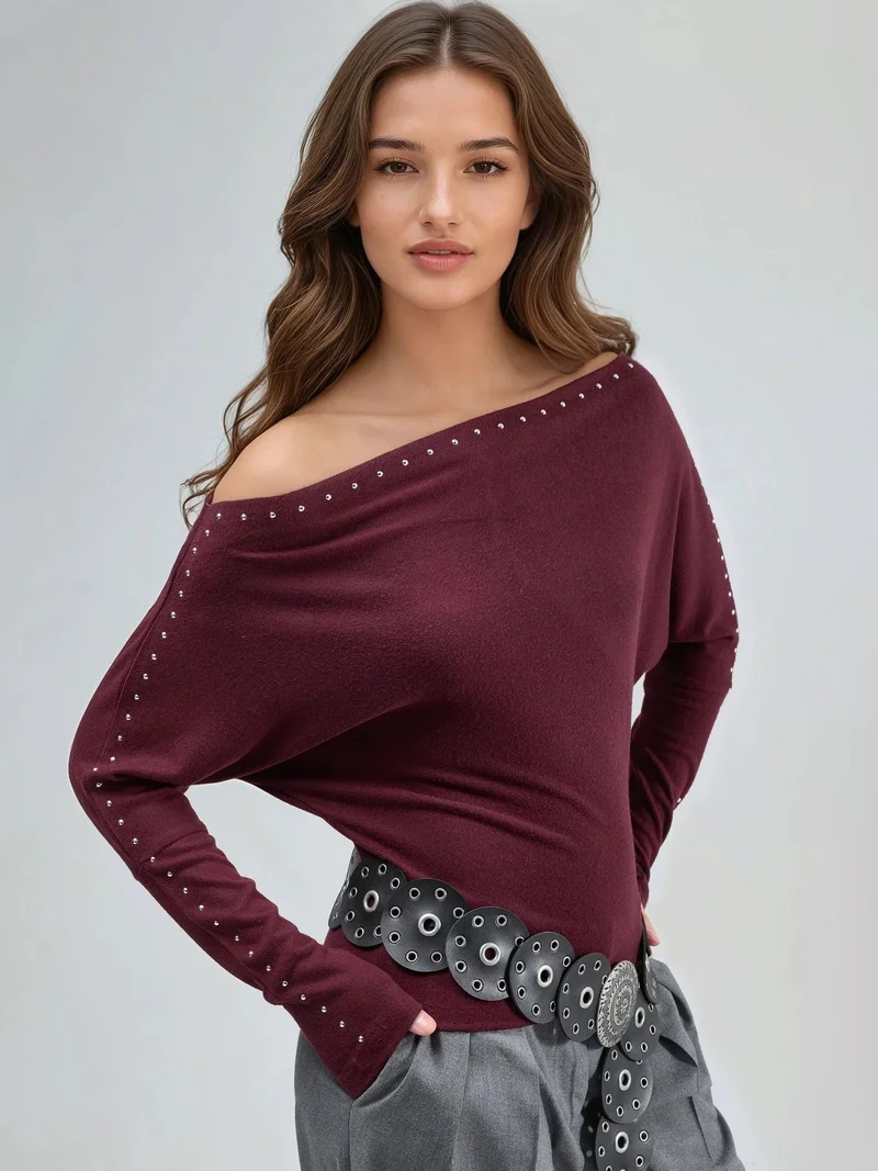 بوسيم BUSEM Boat Neck Blouse with Stone Accessory