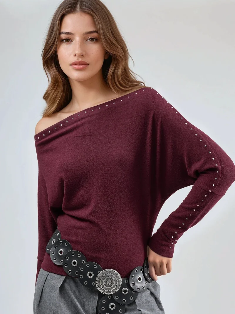 بوسيم BUSEM Boat Neck Blouse with Stone Accessory