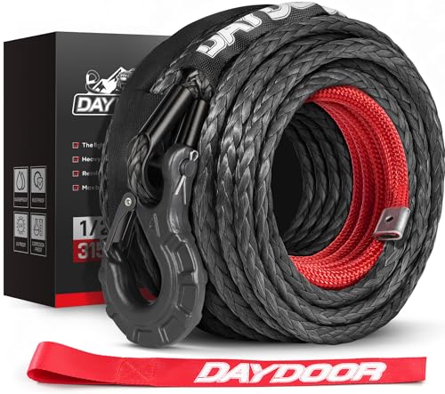 DAYDOOR Synthetic Winch Rope, 1/2 Inch x 92ft 31,500 LBS Synthetic Winch Line, Synthetic Winch Cable for Offroad Vehicle 4WD SUV Jeep Truck, Synthetic Rope with Forged Winch Hook(Gray) - Image 1