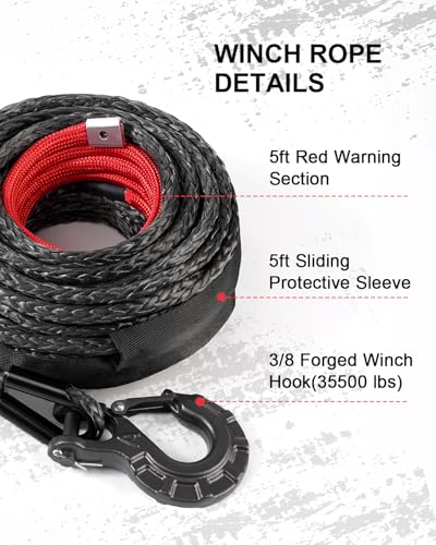 DAYDOOR Synthetic Winch Rope, 1/2 Inch x 92ft 31,500 LBS Synthetic Winch Line, Synthetic Winch Cable for Offroad Vehicle 4WD SUV Jeep Truck, Synthetic Rope with Forged Winch Hook(Gray) - Image 4