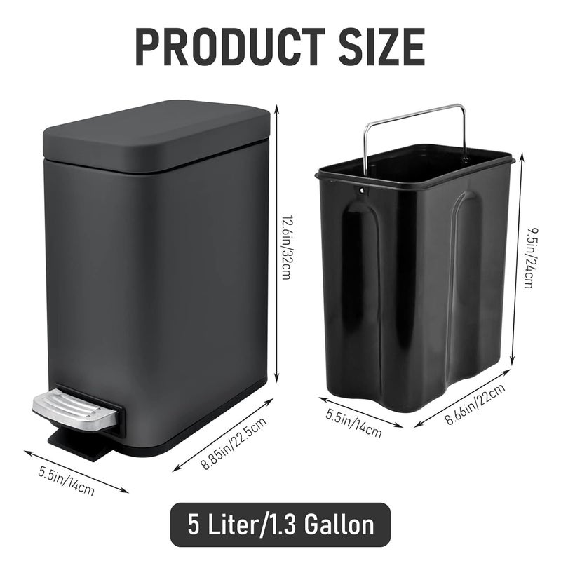 M-Aimee 1.3 Gallon Slim Small Trash Can with Lid Soft Close, Stainless Steel Garbage Can for Bathroom Bedroom Office, Rectangular Step Trash Bin with Removable Inner Waste Basket (Black) - Image 2