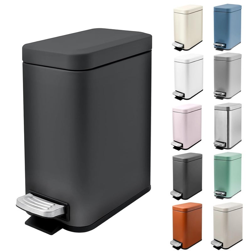 M-Aimee 1.3 Gallon Slim Small Trash Can with Lid Soft Close, Stainless Steel Garbage Can for Bathroom Bedroom Office, Rectangular Step Trash Bin with Removable Inner Waste Basket (Black) - Image 1