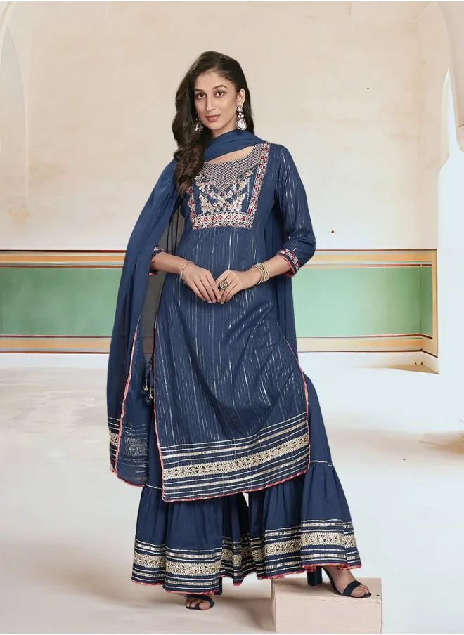 ISHIN Embroidered Women Teal Rayon Kurta Set with Embroidered pattern Tunic and Palazzo features a Round neckline and Three-Fourth Sleeve secured with Elastic closure and styled in Straight Fit ideal for Festive moments — a must-have for your statement wardrobe.