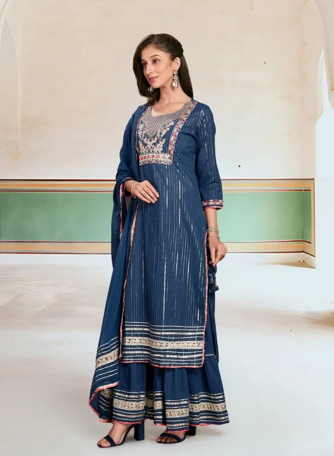 آي شين Women's Teal Rayon Embroidered Tunic Full Length Palazzo Straight Fit Kurta Set