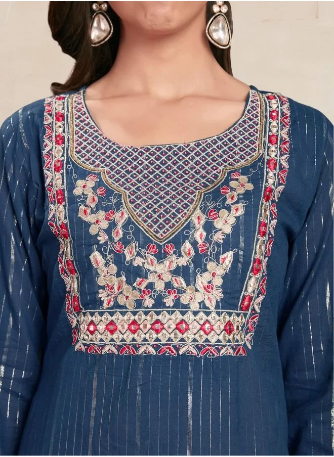 ISHIN Embroidered Women Teal Rayon Kurta Set with Embroidered pattern Tunic and Palazzo features a Round neckline and Three-Fourth Sleeve secured with Elastic closure and styled in Straight Fit ideal for Festive moments — a must-have for your statement wardrobe.