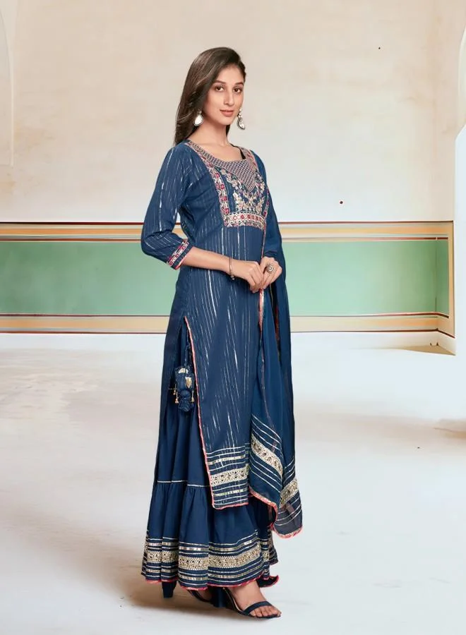 آي شين Women's Teal Rayon Embroidered Tunic Full Length Palazzo Straight Fit Kurta Set