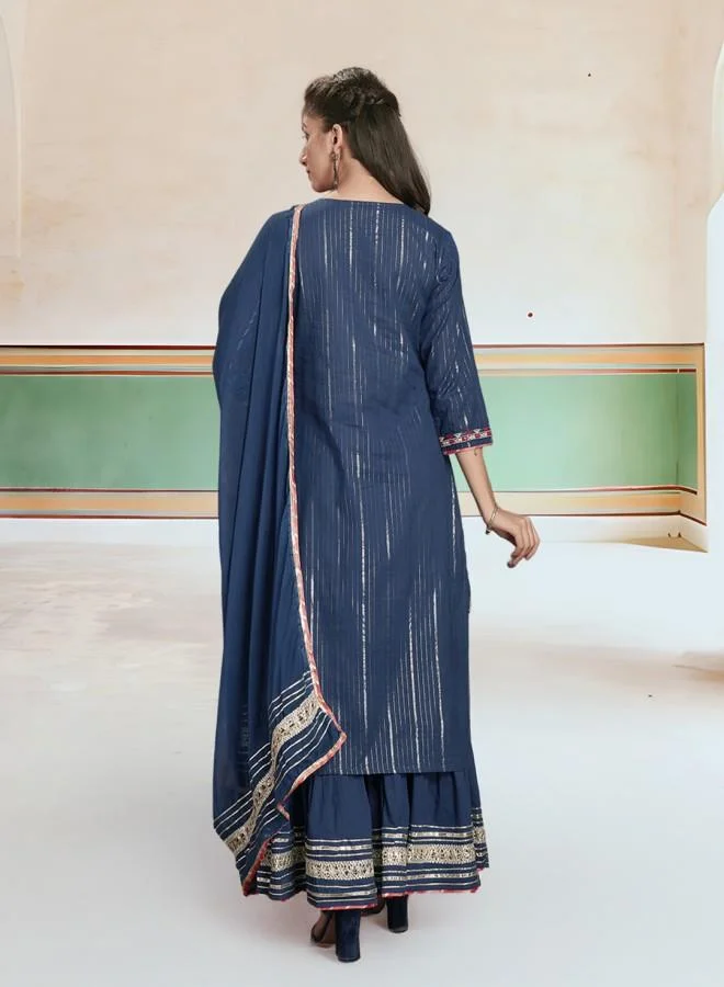 آي شين Women's Teal Rayon Embroidered Tunic Full Length Palazzo Straight Fit Kurta Set