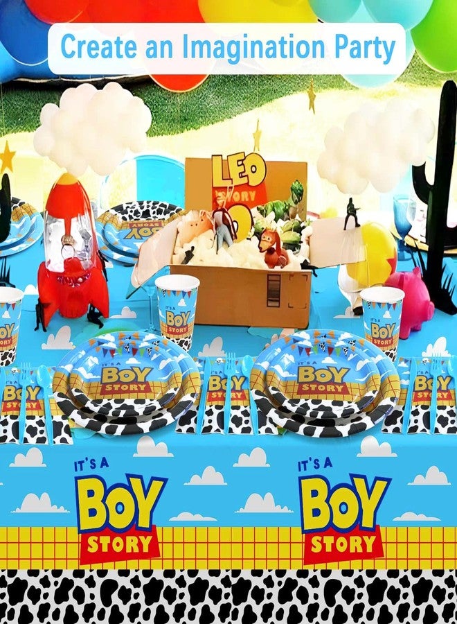 هيبولاند مفرش طاولة من البلاستيك مستطيل الشكل بتصميم "It's A Boy Story" لحفل استقبال المولود الجديد، مكون من 3 قطع، مطبوع عليه صورة بقرة وسماء زرقاء وسحابة بيضاء، مقاس 54 × 108 بوصة - Image 2