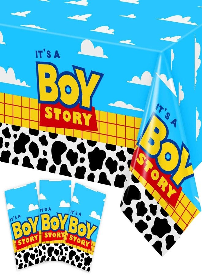 هيبولاند مفرش طاولة من البلاستيك مستطيل الشكل بتصميم "It's A Boy Story" لحفل استقبال المولود الجديد، مكون من 3 قطع، مطبوع عليه صورة بقرة وسماء زرقاء وسحابة بيضاء، مقاس 54 × 108 بوصة - Image 1